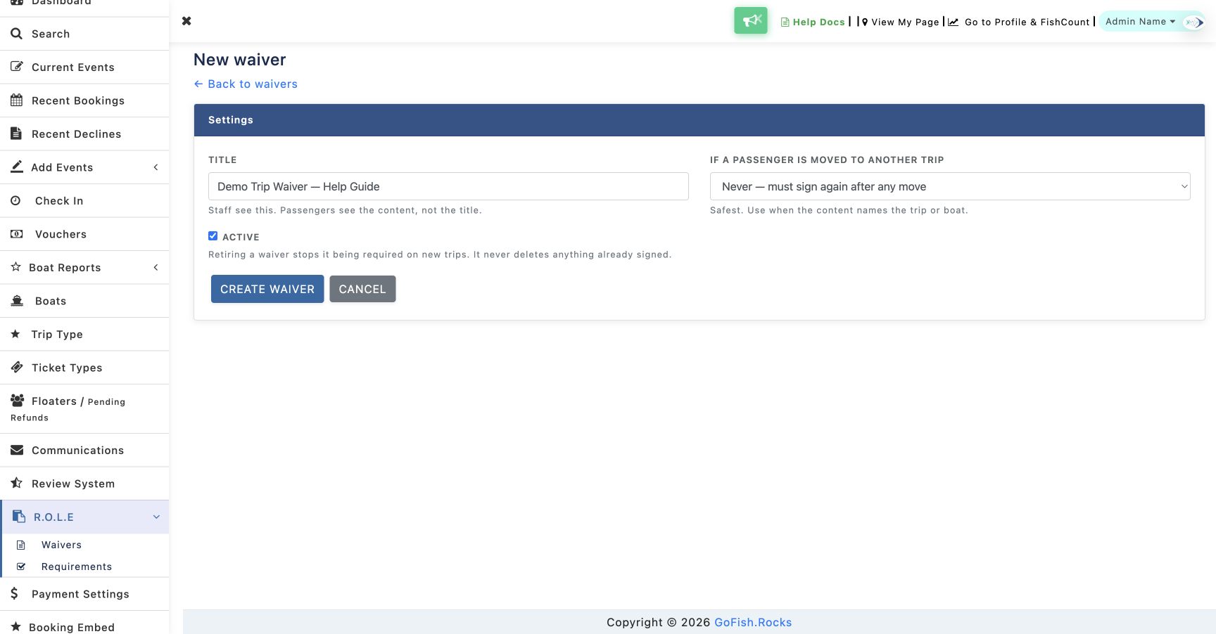 New waiver form with a descriptive title, passenger move policy and Active checkbox.