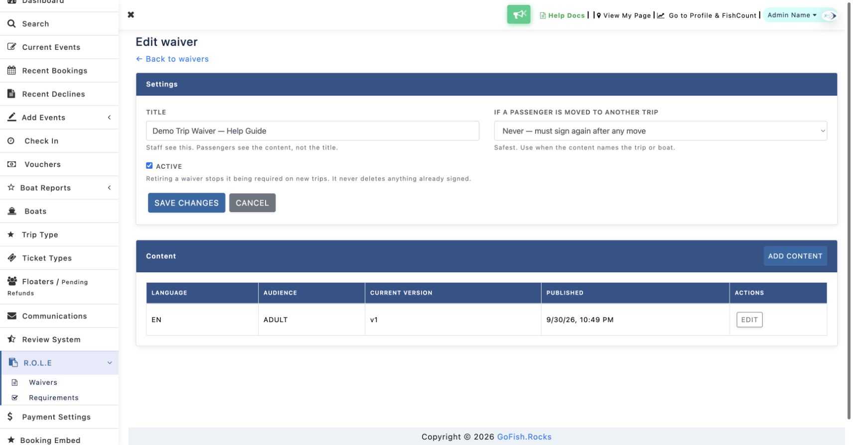 Saved waiver showing its English adult content, current version and Edit button.