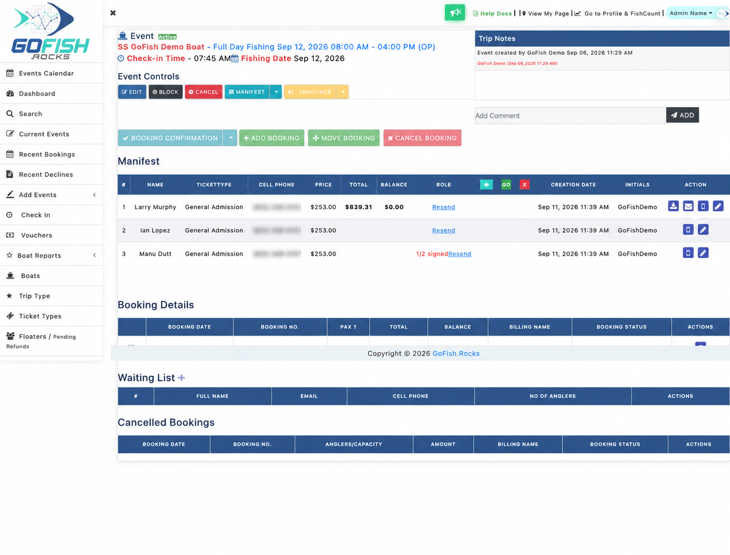 Trip manifest with phone numbers blurred and the ROLE column showing one of two waivers signed.