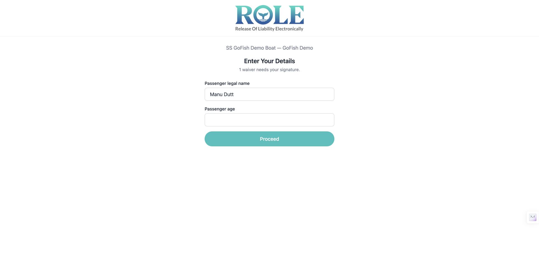 ROLE passenger details page requesting a legal name and age before proceeding to a waiver.